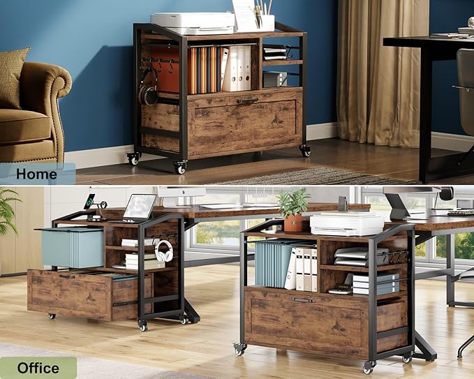 HSH Mobile Lateral File Cabinet with Drawer, Rolling Filing Cabinet with Storage Shelves & Hanging File Folders, Wooden Metal Printer Stand Fits A4 Letter Legal Size for Home Office, Rustic Brown,33In