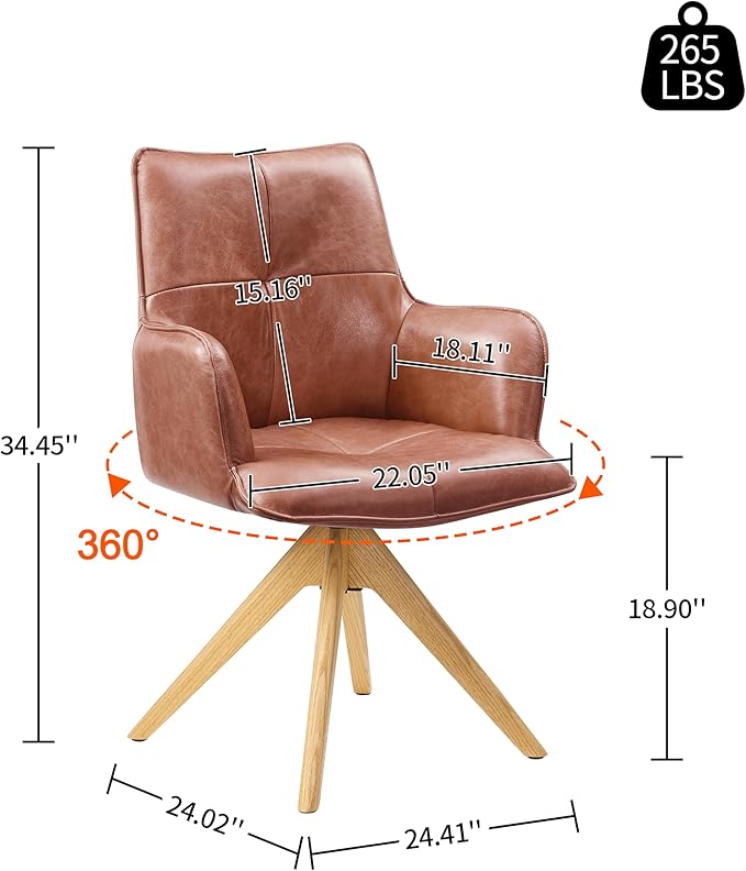 Art Leon Mid Century Desk Chair - Genuine Leather Upholstered Office Chair No Wheels, Swivel Accent Chair with Black Oak Wood Legs for Small Space Living Room Bedroom, Set of 2, Red Brown