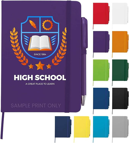 Personalized Notebook Journal – 5” x 7” Customized Notebook with Name, Text or Logo - 100 Page Custom Journal. Leatherette Hardcover & Pen - Purple 150 Pack