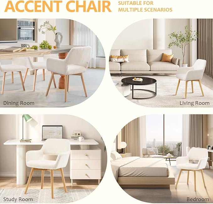Mid Century Modern Dining Chairs Set of 6 & 4 & 2 Comfy Accent Chair Upholstered Kitchen Dining Living Room Chairs for Bedrooms Waiting Room Home Arm Desk Chair No Wheels (Wool White, 6)