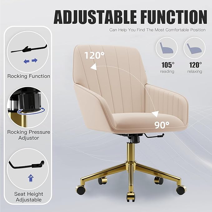 YISHENG Velvet Office Desk Chair with Gold Base, with Wheels,Modern Height Adjustable 360 Degree Swivel Upholstered Vanity Chairs with Arms for Living Room Bedroom,Khaki