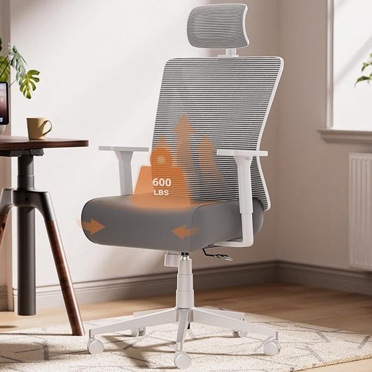 Dowinx Big and Tall Office Chair 600lbs,Ergonomic High Back Computer Desk Chair with Thick Seat Cushion,Adjustable Lumbar Support and Backrest,Metal Base,Grey