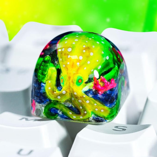 Green Octopus Artisan Keycap DOM Profile Custom Ocean Sea Creatures Keycaps 1U ESC Handmade Gaming Kraken Resin Key Cap Cherry MX Switch Compatible Mechanical Keyboard Octopus Lover Gift