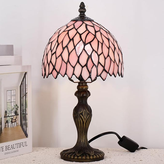 Small Tiffany Lamp Stained Glass Table Lamp Mini Desk Accent Light for Bedroom Bedside Reading Home Antique Style Decor 8X15 Inches (Pink Wisteria)