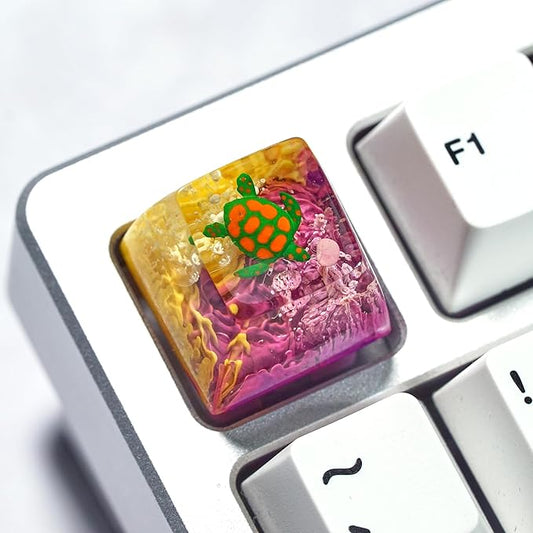 Sea Turtle Artisan Keycap Purple and Yellow Ocean R1 SA Profile Custom Sea Creatures Keycaps 1U ESC Handmade Gaming Resin Key Cap Cherry MX Switch Compatible Mechanical Keyboard Turtle Lover Gift