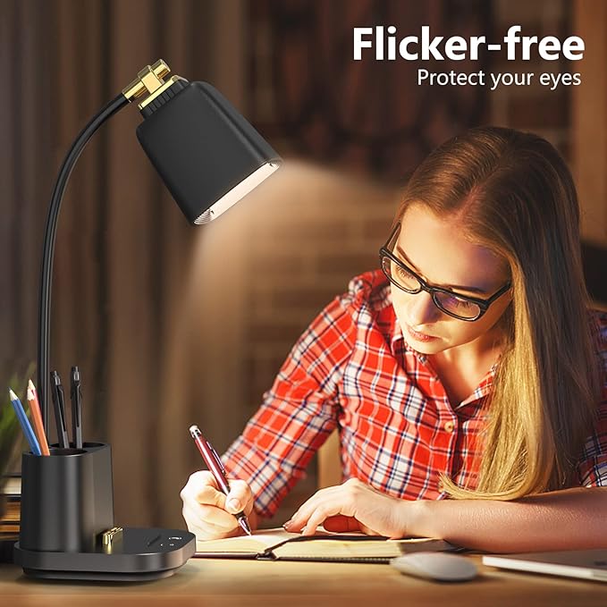 LED Desk Lamp with USB Charging Port Touch Control 3 Color Modes, Stepless Dimming,Eye-Caring LED Table Lamp for Home,Office,Bedroom,Reading,Work,Study,Gooseneck Lamp, 5V, 2.4A