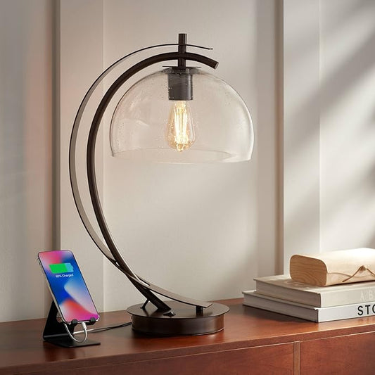 Possini Euro Design Calvin 22.5" High Modern Vintage Accent Table Lamp with USB Ports A+C Charging Filament LED Bronze Metal Glass Dome Shade - Living Room Desk Bedroom House Bedside Nightstand Home