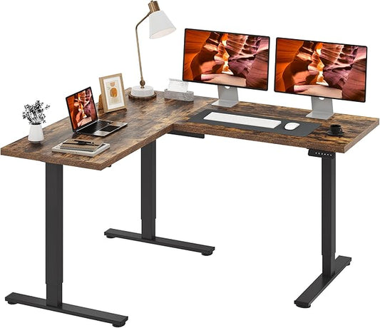 L-Shaped Standing Desk, 63 x 55 Inches Height Adjustable Desk, Sit and Stand up for Work Office Home, Ergonomic Rising Computer Table for Home Office with Splice Board, Rustic Brown