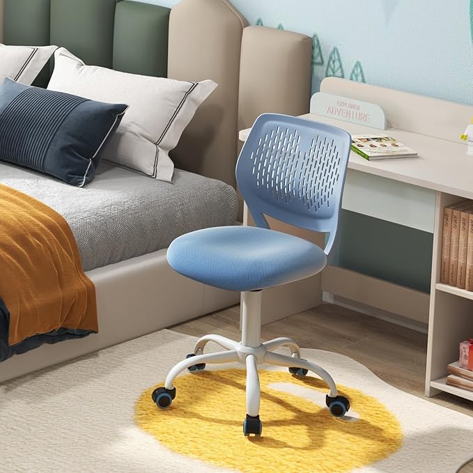 POWERSTONE Small Home Office Desk Chair, Swivel Rolling Study Computer Chair, Adjustable Height Task Chair with Armless Mid Back, Upholstered Mesh Seat, Blue
