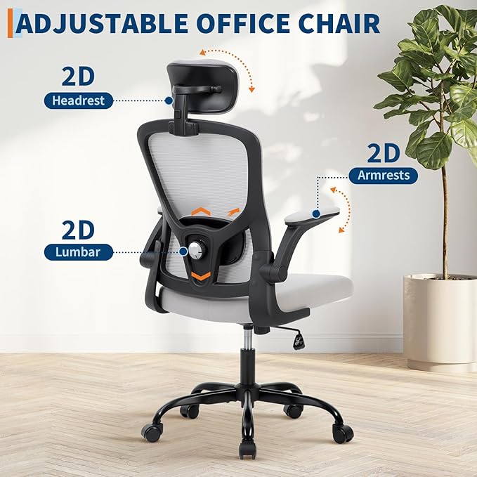 Office Chair – Ergonomic Desk Chair, Adjustable Lumbar Support and Headrest, Flip-Up Armrests, Mesh Computer Desk Chair, Swivel Rolling Executive Gaming Chair for Home & Office (Gray)
