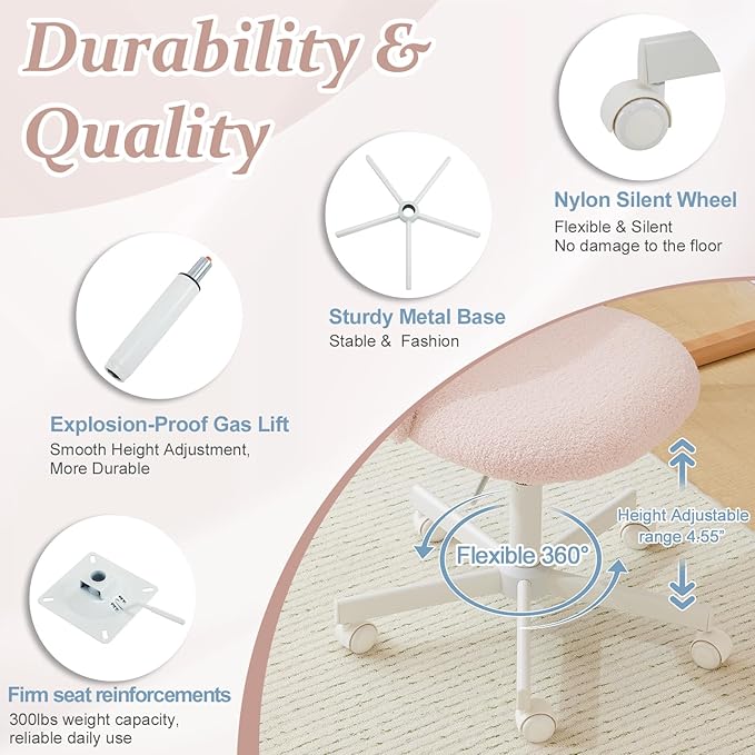VINGLI Cute Candy Chair Armless Comfy Small Office Desk Vanity Chair with Wheels & Lumbar Support,Teddy Adjustable Rolling Swivel Computer Task Ch for Home Office,Bedroom,Gentle Pink