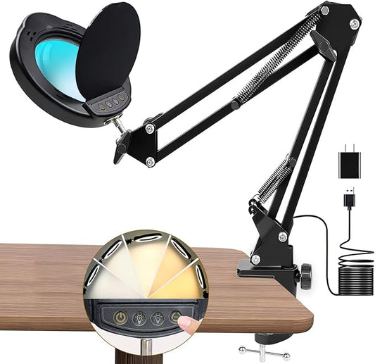 15X Magnifying Glass with Light and Clamp, 5 Color Modes 10 Levels Adjustable Brightness, 2-in-1 Desk Lamp with Clamp, Hands Free Magnifier with Dust Cover for Craft Hobby Reading Repair Close Works