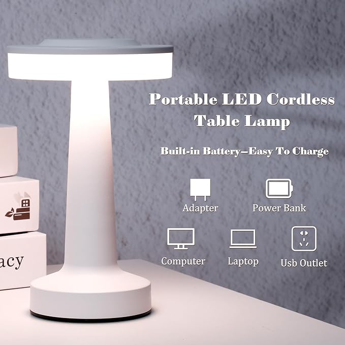 Riakrum Set of 2 LED Portable Cordless Table Lamp with Touch Sensor 3 Color Stepless Dimming Rechargeable Battery up to 15 Hours Cordless Table Light Wireless Lamp for Nursery(White,4 Pcs)