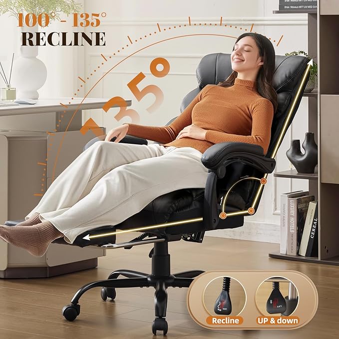 Leather Home Office Chair with Foot Rest,500lbs Big and Tall Ergonomic Desk Chair,360°Swivel Free,90°-155°Recline,43"- 47" Height Adjustable,Silent 360° Casters for Home Office Computer Desk