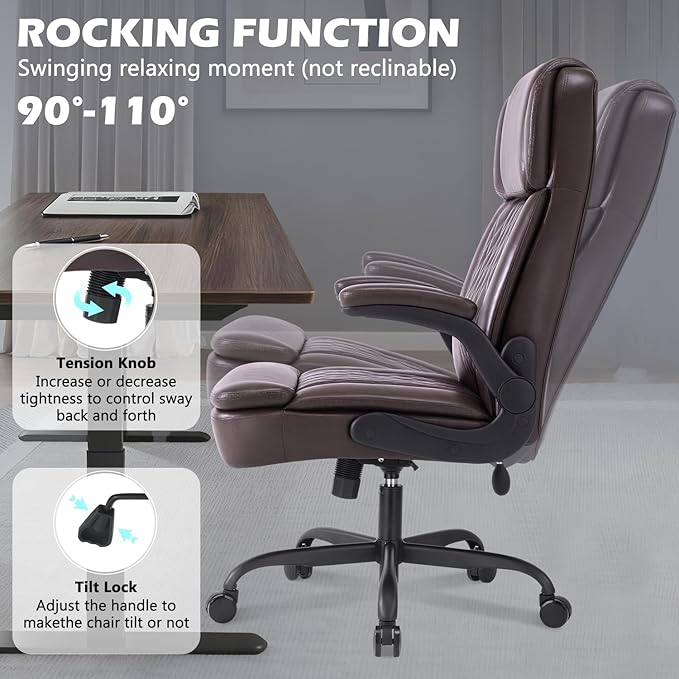 400lbs Executive Office Chair with Flip up Arm,Ergonomic Big and Tall Computer Desk Chairs,Breathable PU Leather Chair with Adjustable Lumbar Support,High Back Ofiice Chair with Pocket Spring Cushion