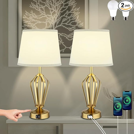 Touch Table Lamps Set of 2, nightstand lamp with USB Ports Bedside 3 Way Touch dimmer Desk lamp for Living Room Bedroom,Gold Plated Spiral cage Base Design Warm White dimmer Bulbs Included.