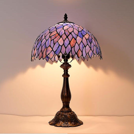 Tiffany Style Table Lamp Vintage Stained Glass Desk Lamp Deep Blue Purple Wisteria Bedside Reading Light Decor Bedroom Living Room Home Office D12 xH18
