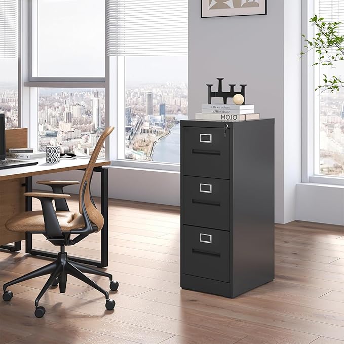 3 Drawer Vertical File Cabinet Home Office Metal Filing Cabinet, D17.7 Locking File Cabinets with Keys, Anti-Tilt Design, Steel Drawer Cabinet for A4/Legal/Letter,Need Assemble (Black)