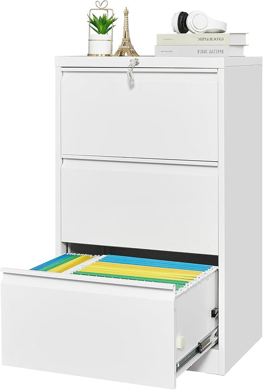 GarveeLife 3 Drawers Lateral File Cabinet with Lock, Metal Filing Cabinet with Card Holder, Steel Drawer File Cabinets Under Desk for Home Office Legal/Letter/f4/a4 Size White