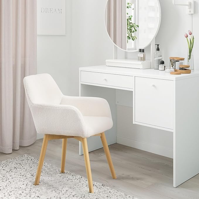 Desk Chair No Wheels Vanity Chair Makeup Chair Comfy Accent Chair for Living Dining Room Bedroom Home Office Mid Century Modern Upholstered Armchair Sofa with Wood Legs (Wool White, 1)