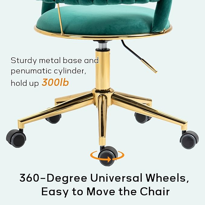 NIOIIKIT Velvet Office Desk Chair with Hand Woven Backrest, 360° Swivel & Height Adjustable Task Chairs, Makeup Chair, Living Room Chairs with Stainless Base and 5 Wheels (Emerald)