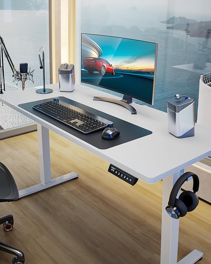 ErGear Height Adjustable Electric Standing Desk, 55 x 28 Inches Sit Stand up Desk, Large Memory Computer Home Office Desk with Two-Piece Desktop (White)