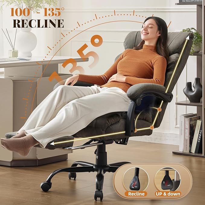 Leather Home Office Chair with Foot Rest,500lbs Big and Tall Ergonomic Desk Chair,360°Swivel Free,90°-155°Recline,43"- 47" Height Adjustable,Silent 360° Casters for Home Office Computer Desk