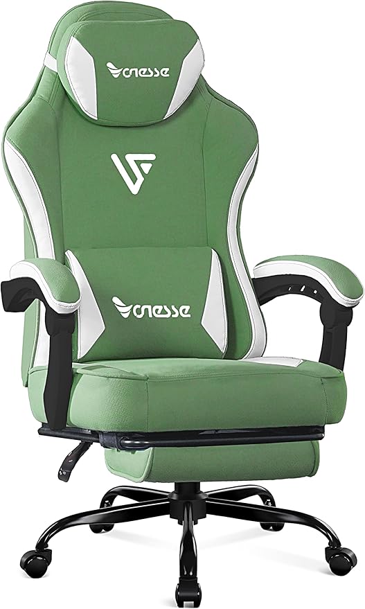 Vonesse Gaming Chair, Computer Chair Fabric with Pocket Spring Cushion, Office Chair with Footrest and Massage Lumbar Support, Reclining Gaming Chairs for Adults 250LBS (Green)