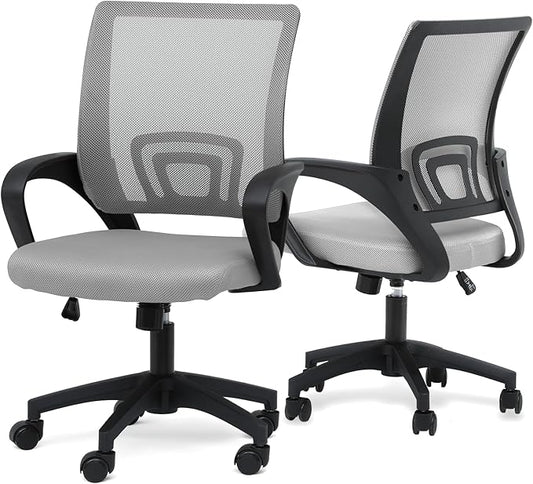Athena Collection Computer Office Chair Set of 2, Ergonomic Desk Chair with Rolling Wheels, Mesh Back Support and Height Adjustable, Small and Comfy for Home Office, Study, Light Grey