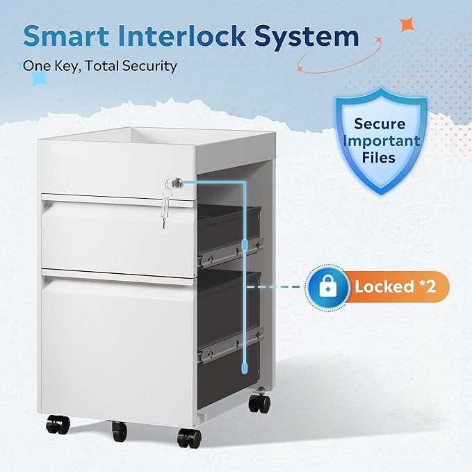 DEVAISE 2 Drawer Mobile File Cabinet, White Filing Cabinet with Lock, Under Desk Metal Filing Cabinets for Home Office, 17.7" D x 15.4" W x 25" H