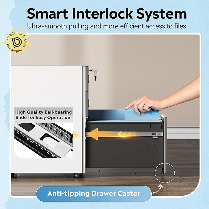 DEVAISE 3-Drawer File Cabinet, White Locking File Cabinet on Wheels, Fully Assembled Mobile Filing Cabinet for Office, 17.7" D x 11.8" W x 22.8" H