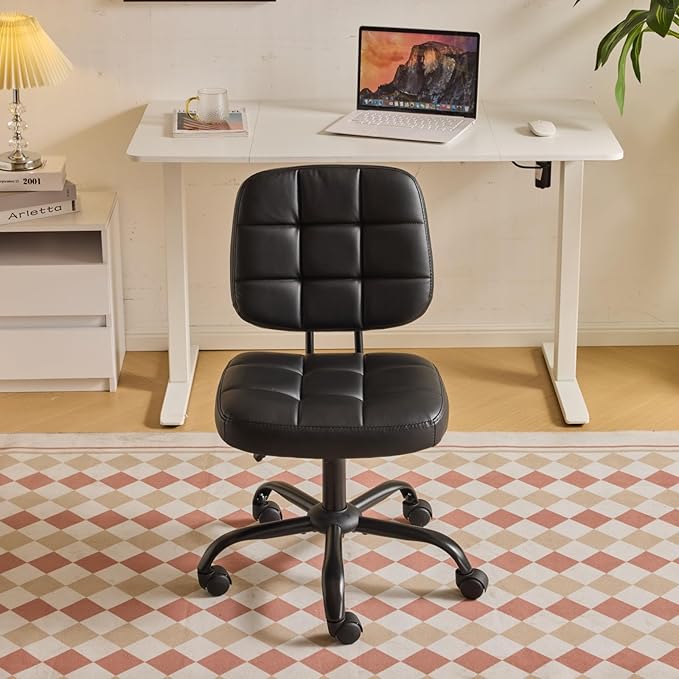 VINGLI Compact Small Desk Chair, Cute Armless Chair with Wheels, Vanity Chair with Low Back, Height Adjustable Task Chair for Small Spaces, Office, Bedroom, Make Up Room, PU Leather, Black