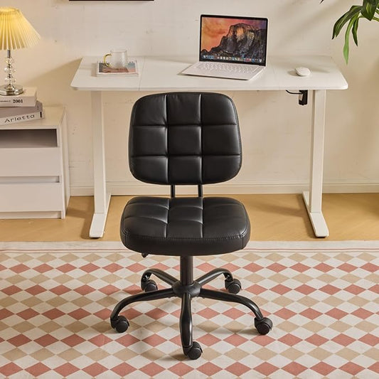 VINGLI Compact Small Desk Chair, Cute Armless Chair with Wheels, Vanity Chair with Low Back, Height Adjustable Task Chair for Small Spaces, Office, Bedroom, Make Up Room, PU Leather, Black