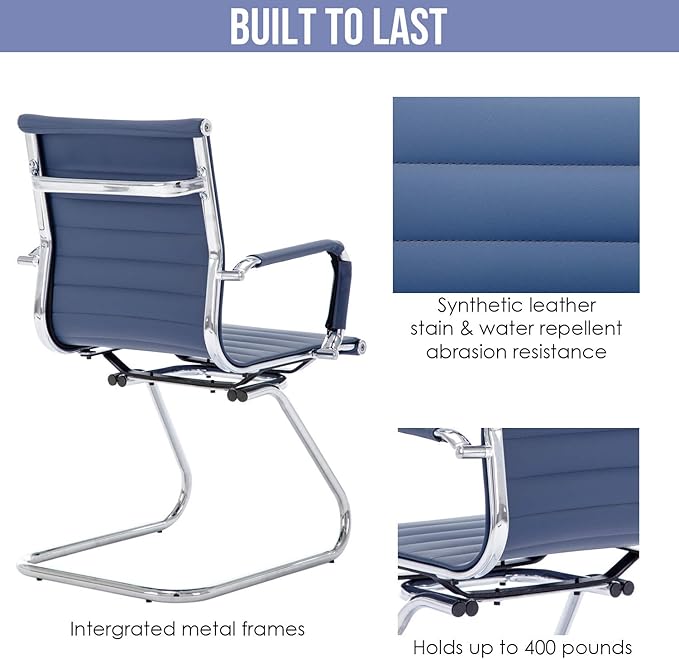 Wahson Office Guest Chairs Set of 6, Leather Reception Chairs, Mid Back Waiting Room Chair, Conference Chairs with Sled Base, Desk Chair No Wheels for Meeting/Lobby/Restroom, Navy Blue