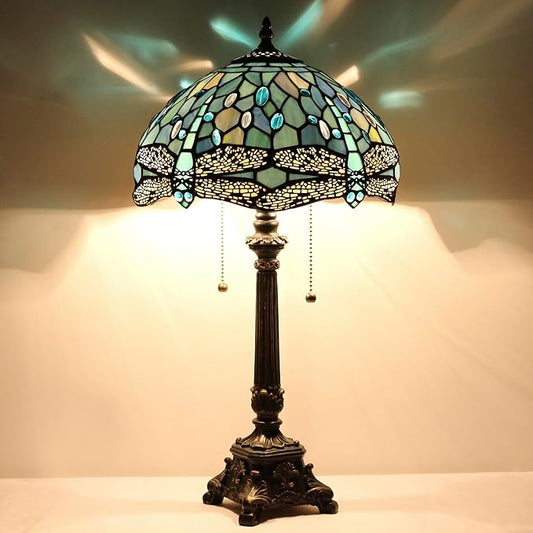 Tiffany Table Lamp Sea Blue Stained Glass Desk Lamp 12X12X21 Inches Dragonfly Style Reading Light
