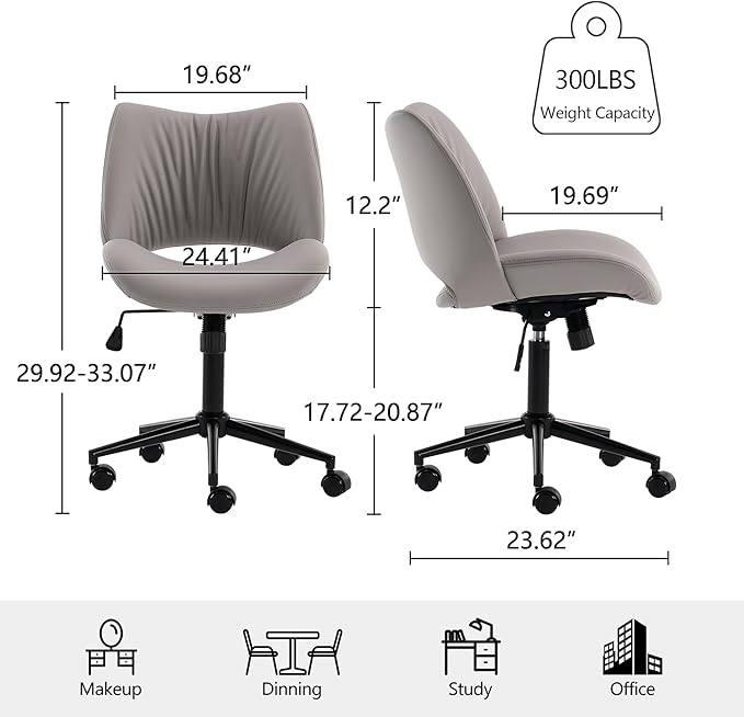 Rowill Armless Office Desk Chair, Ergonomic PU Leather Modern Task Chair with Back Adjustable Height, 360° Swivel Vanity Chairs with Wheels for Small Space, Home Office, Bedroom, Grey