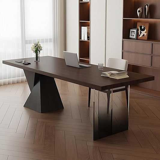 Modern Home Office Desk - Novel Design Office Table with Multifunctional Socket, Solid Wood Executive Desk with Spacious Desktop ＆ Personalized Table Legs (Wood, 104IN)