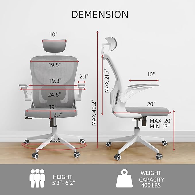 Office Chair Ergonomic Desk Chair, 350 LBS Mesh Office Chair with Lumbar Support, Comfy Desk Chair with Wheels, Big and Tall Chair for Study Work Gaming (03Grey)