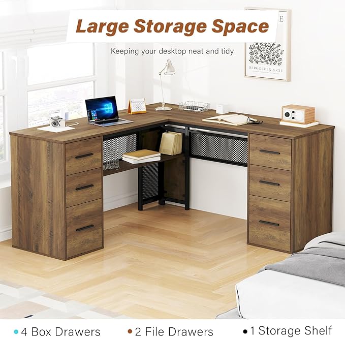 HSH Large L Shaped Home Office Desk with Drawers, Rustic L-shaped Computer Desk with Storage File Cabinet Shelves, Corner Reversible Metal Wood Executive Work Study Writing Table, 59 Inch Bedroom Desk