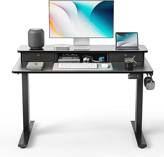 FEZIBO 40 x 24 Inch Height Adjustable Electric Standing Desk with Double Drawer, Computer Desk, Home Office Stand Up Table with 4 Height-Adjustable Feets & 2 Hooks, Black