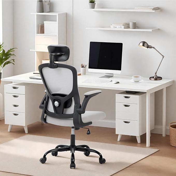 Office Chair – Ergonomic Desk Chair, Adjustable Lumbar Support and Headrest, Flip-Up Armrests, Mesh Computer Desk Chair, Swivel Rolling Executive Gaming Chair for Home & Office (Gray)