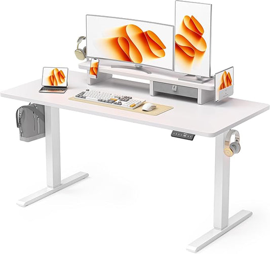 55x24 Inches Electric Standing Desk with Drawer and Monitor Stand, Height Adjustable Stand up Desk for Home Office, Ergonomic Sit to Stand Table with Phone Holder, 3 Hooks, White