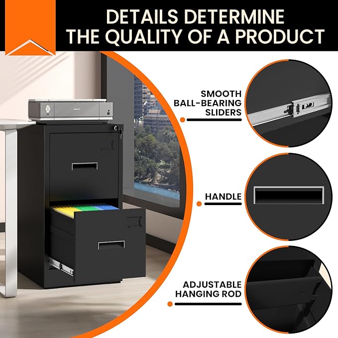 2-Drawer Locking Vertical File Cabinet, Metal Storage Cabinet for Office/Home – Secure Vertical Filing for Letter/Legal/A4/F4 Documents, Easy to Assemble Steel Cabinet