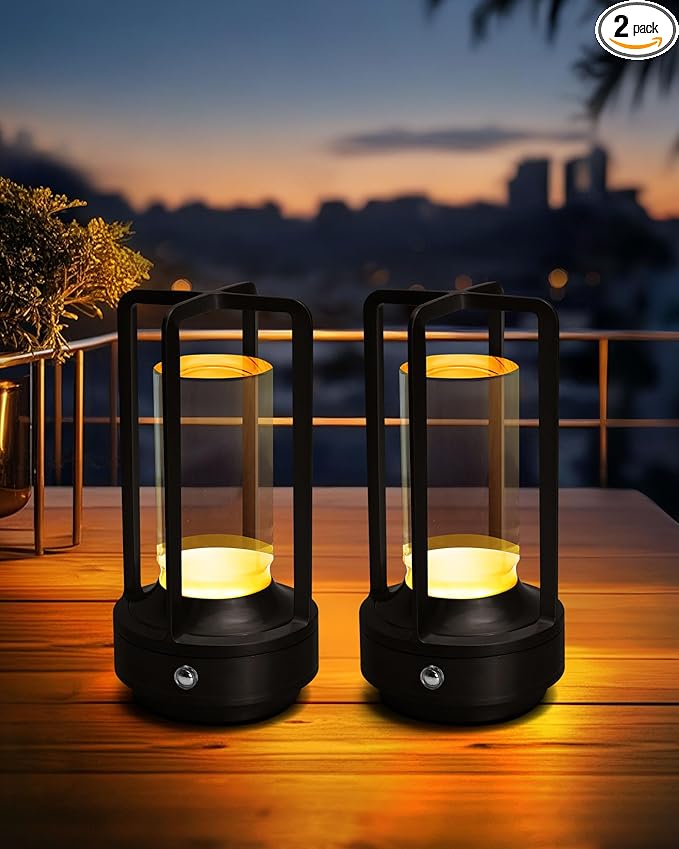 Set of 2 Cordless Table Lamps, LED Rechargeable Battery Operated Desk Lamps with 3 Color Stepless Dimmable, Small Light Portable for Outdoor Patio Bar Restaurants Bedroom Bedside (Black)