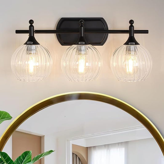 Matte Black Bathroom Vanity Light 3-Light Vanity Lights for Bathroom 10%-100% Dim(Night/Makeup Mode) Warm to Cool Light Switch Fog-Proof & Crystal Shade 20'' Wall Sconce