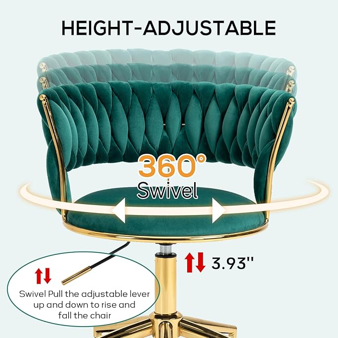 NIOIIKIT Velvet Office Desk Chair with Hand Woven Backrest, 360° Swivel & Height Adjustable Task Chairs, Makeup Chair, Living Room Chairs with Stainless Base and 5 Wheels (Emerald)