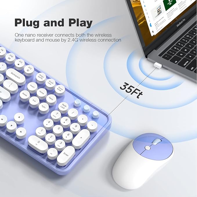 Wireless Keyboard and Mouse Combo - GEEZER Purple-White Full-Sized Colorful Keyboard 104 Keys - USB 2.4 G Receiver Plug and Play with Round Keycap Typewriter Keyboards, for Windows, PC, Laptop