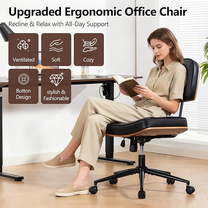 Armless Computer Chair, Small Desk Chair with Wheels and Adjustable Height, PU Leather Modern Swivel Walnut Task Chair for Home Office, Study, Library (Armle, Black)