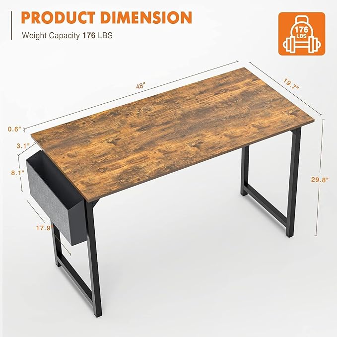 Sweetcrispy Computer Office Desk 48 Inch Kids Student Study Writing Work with Storage Bag & Headphone Hooks Modern Simple Home Bedroom PC Table