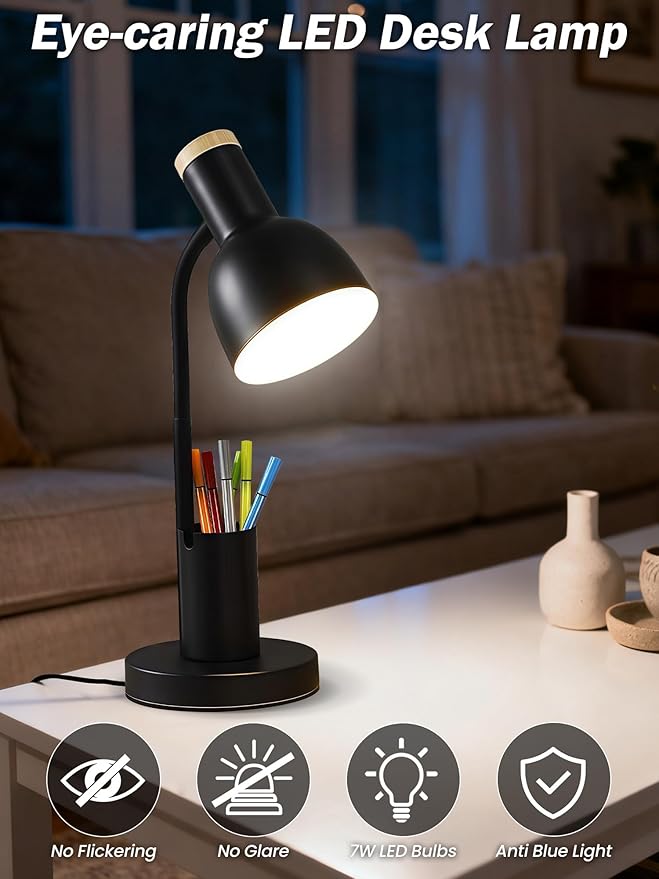 LED Desk Lamp with Pen Holder, Eye-Caring Desk Light 3 Color Modes Reading Light Flexible Gooseneck Metal Study Lamp, Cute Table Lamps for Home Office Bedside Dorm(Black Lamp)